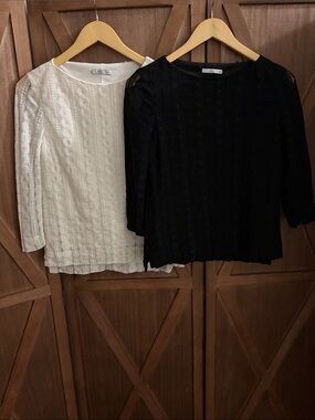 EDC Lace-Textured 3/4 Sleeve Blouse — White & Black SIZE 2XS